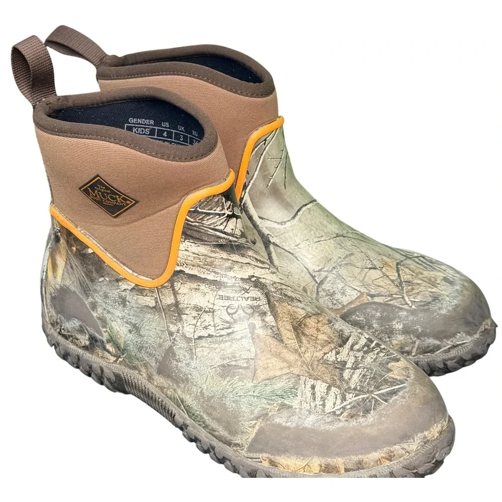 Muck Boot Company Kids Realtree Camo Waterproof Rubber Boots Size 4 Brown Orange